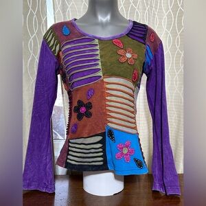 Boho Floral Embroidered Boho Long Sleeve Women’s Size M Top Made in Nepal